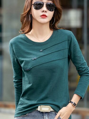 TuangBiang 2022 Autumn Ribbed Button O-Neck Bamboo Cotton T-