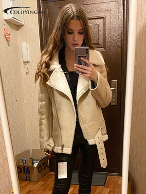 Winter Women's Jacket Coat Fur Locomotive Retro with Belt Ri