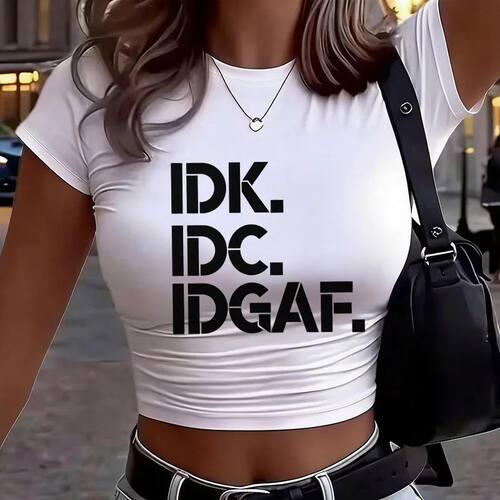 Letter Directional Print Crew Neck Cropped T Shirt 90s Vinta