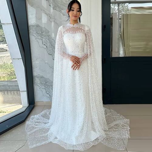 Elegant O-Neck Long Sleeves Bridal Gowns with Shawl Exquisit