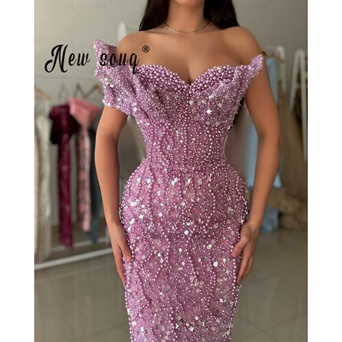 Sequined Party Maxi Dress Ruffled Off the Shoulder Tea Lengt