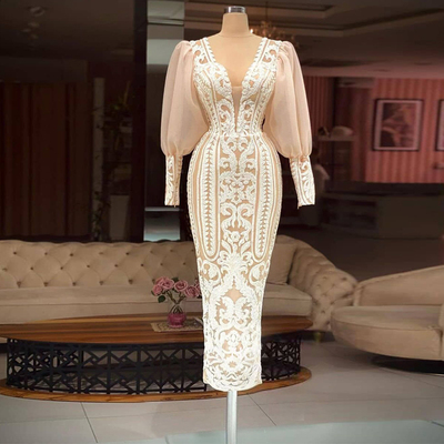 YIDINGZS Long Sleeve Dress White Sequin Evening Dress Elegan