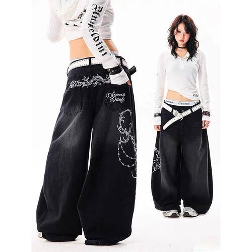 YIBASHU Women Vintage Embroidery Y2K Baggy Jeans Female High