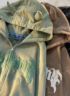 Harajuku Angel Ears Hoodies Women Retro Oversize Zipper Lett