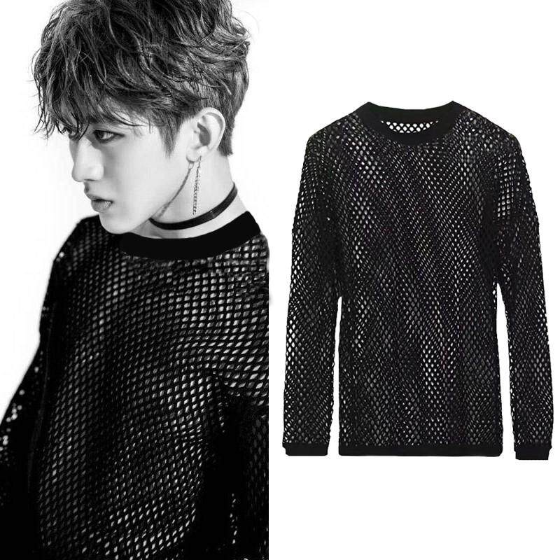 新品网眼镂空长袖上衣蔡徐坤舞蹈嘻哈男女同款渔网大网孔网格t恤