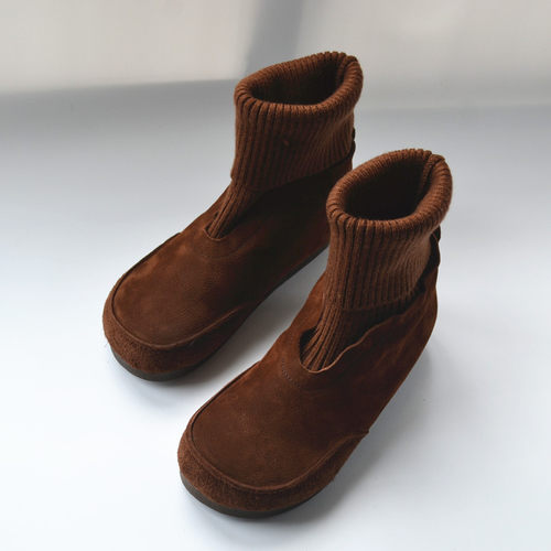 国风男款袜子靴圆头拼接平底靴