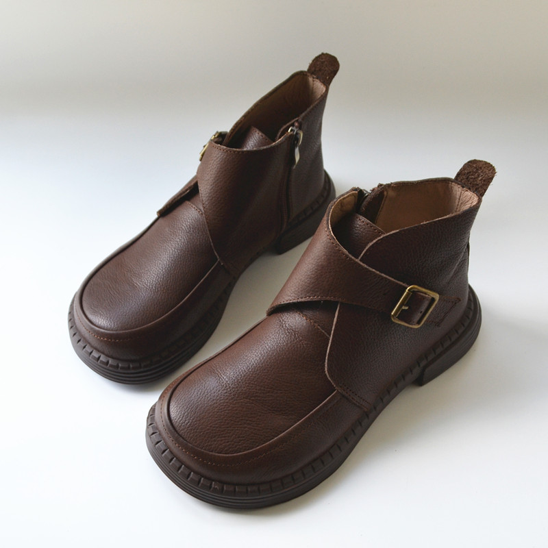 宽松大头真皮小皮鞋大码英伦风段靴丑萌学院风骑士靴外贸真皮百搭