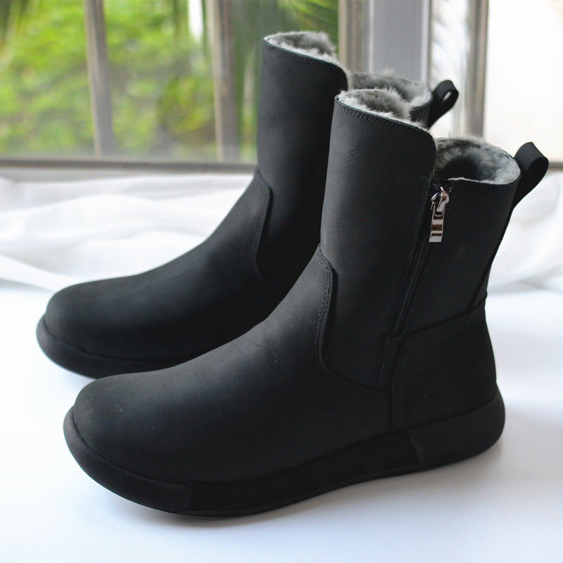 磨砂黑真皮羊毛皮毛一体防滑中筒雪地靴简约平底保暖棉鞋外贸男鞋