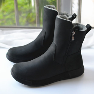 磨砂黑真皮羊毛皮毛一体防滑中筒雪地靴简约平底保暖棉鞋外贸男鞋