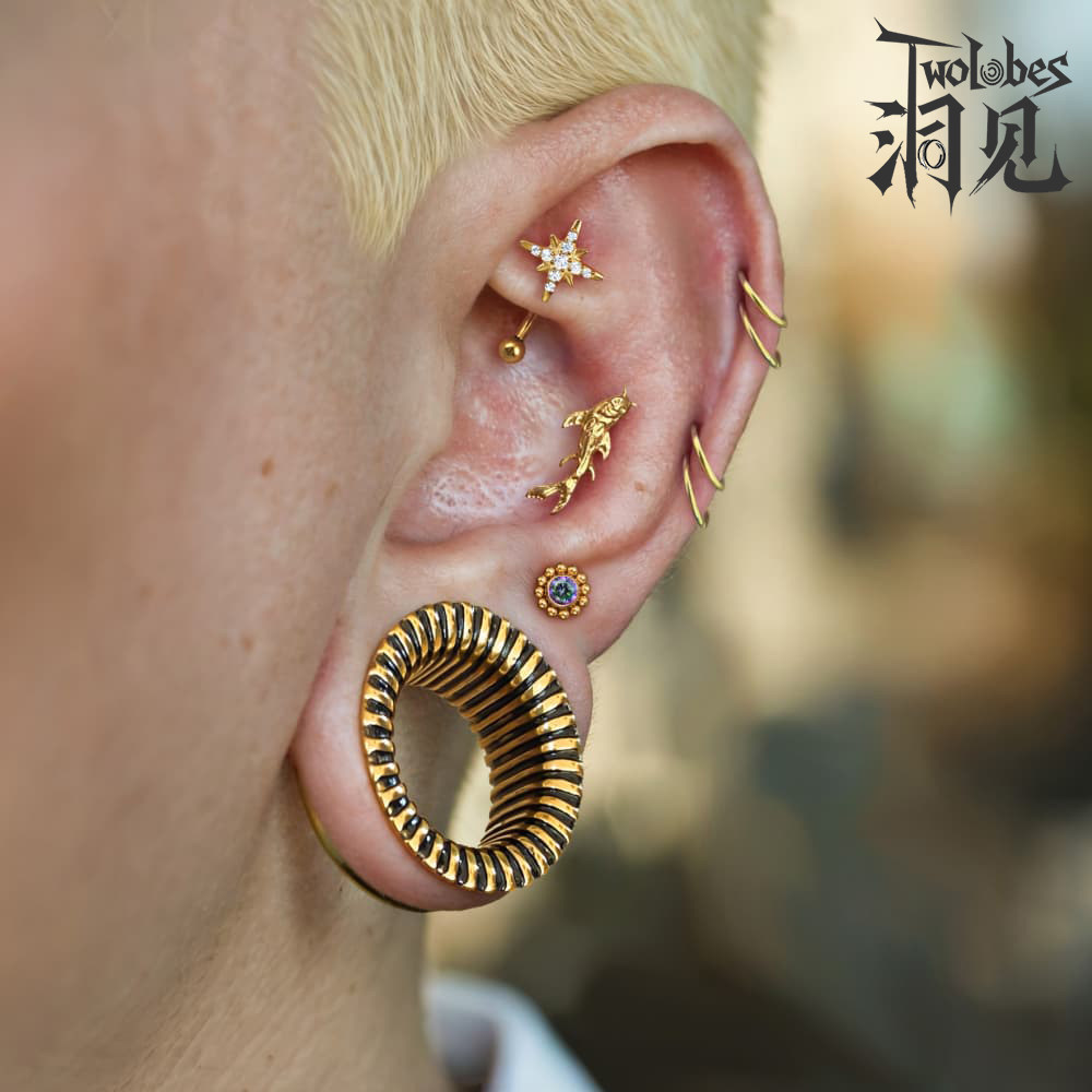 Twolobes洞见 欧美风条纹喇叭耳扩张器防过敏钛钢耳洞穿孔饰品