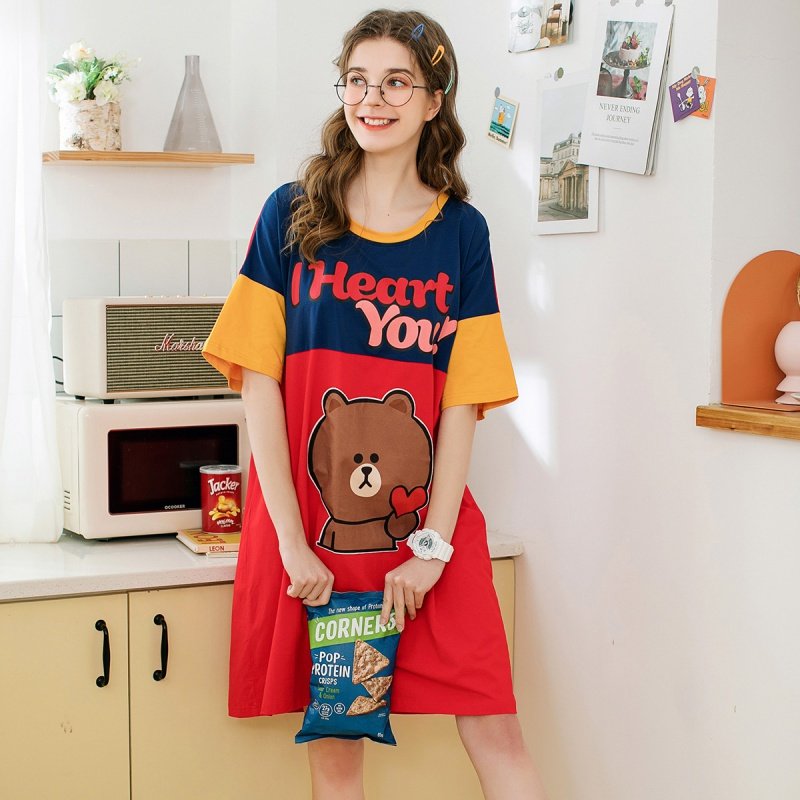 芬腾布朗熊LINE FRIENDS睡裙女夏季纯棉短袖卡通宽松大码薄款睡衣