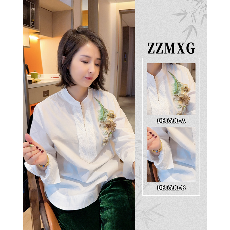【珍珍休闲馆】玉阶花影·雅致衬衫新中式女装手工长袖S-13708