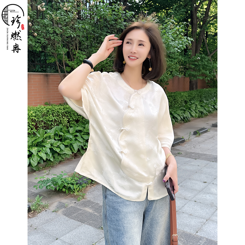 【珍珍休闲馆】浅韵素锦中式夏季气质印花轻奢国风上衣S-12060