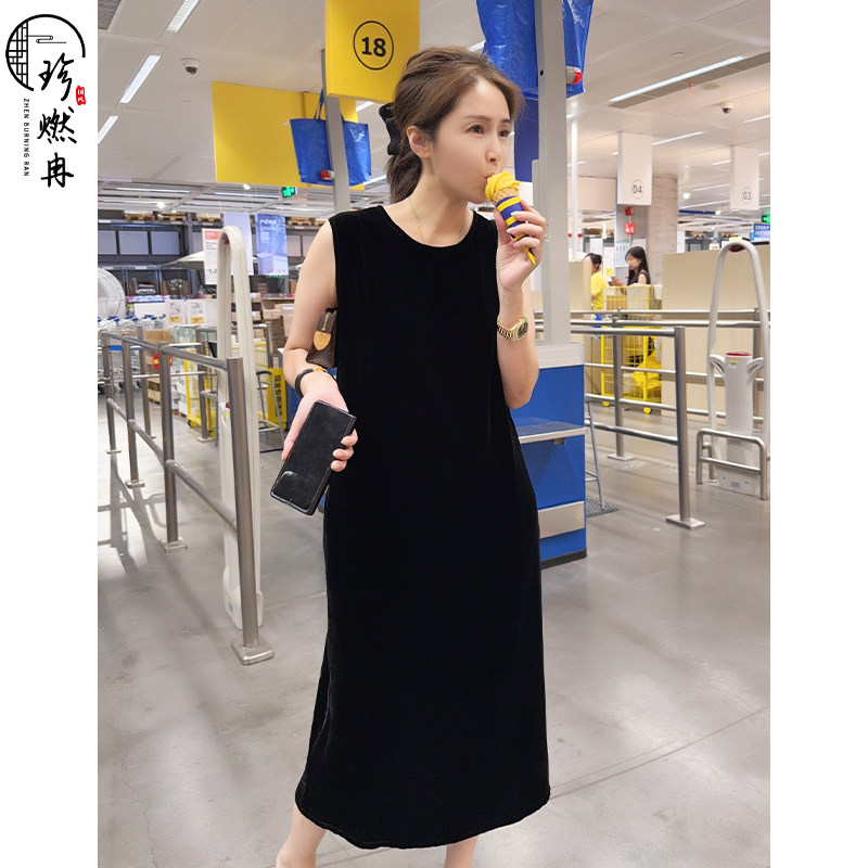 【珍珍休闲】【经典丝绒】百搭时尚显瘦纯色无袖连衣裙Q-61455