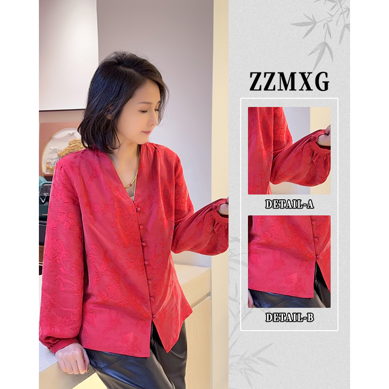 【珍珍休闲】赤缎凝花新年拜年服印花新中式铜氨丝上衣S-154487