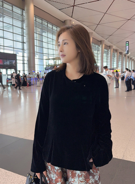 【珍珍休闲】墨韵丝绒秋季上新显瘦圆领新中式国风上衣S-13375