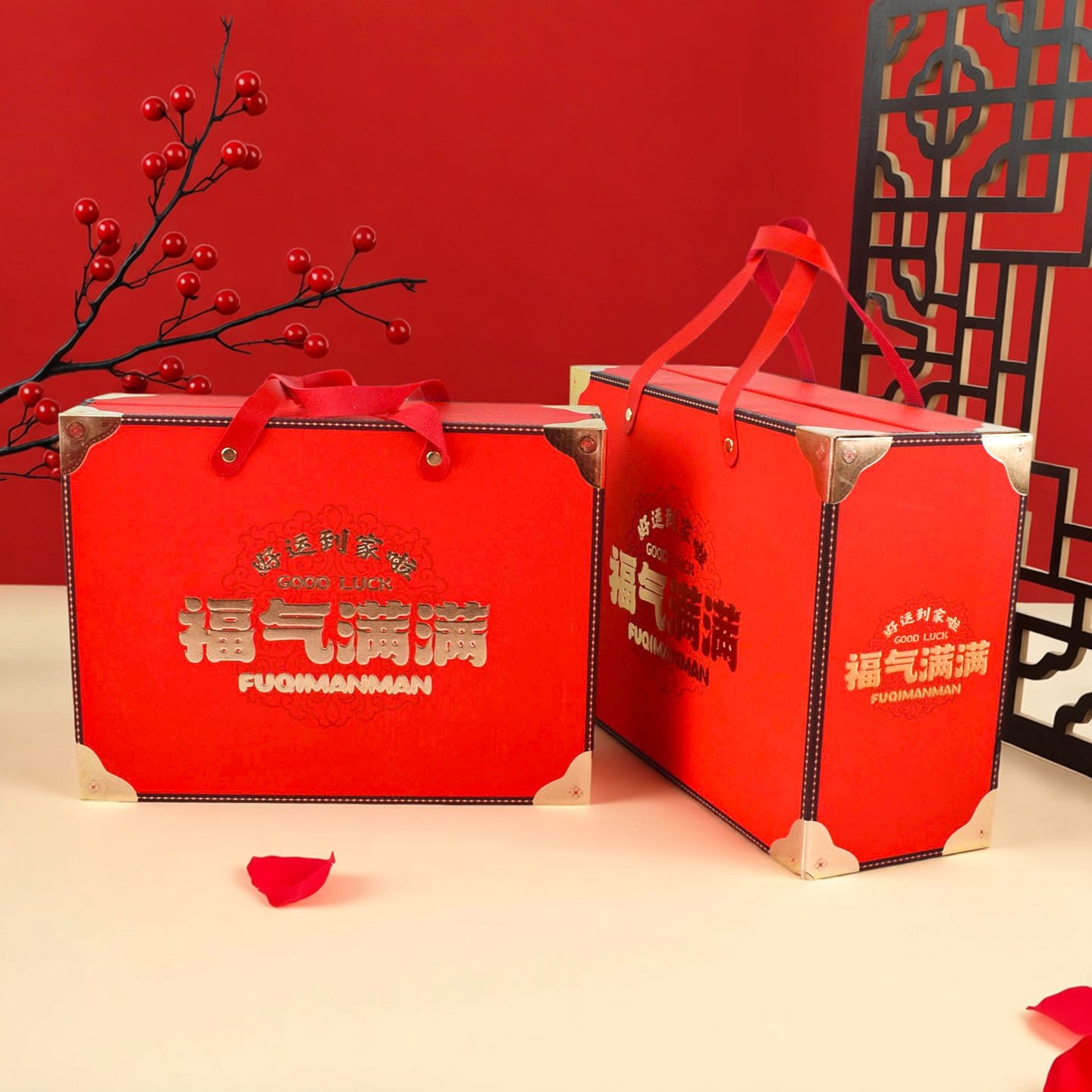 平顶年货礼盒特产坚果干果糕点包装盒皮手提纸盒空国风新年礼品盒