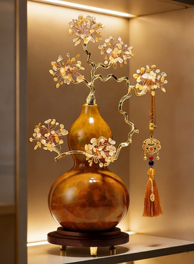 天然黄水晶紫水晶石葫芦摆件招财