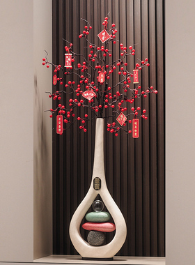 入户玄关壁龛石来运转大型花瓶摆件客厅仿真花红果乔迁开业装饰品