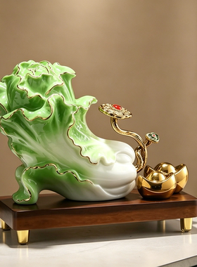 珐琅彩陶瓷白菜摆件如意百财招财镇宅客厅酒柜装饰品乔迁开业礼物