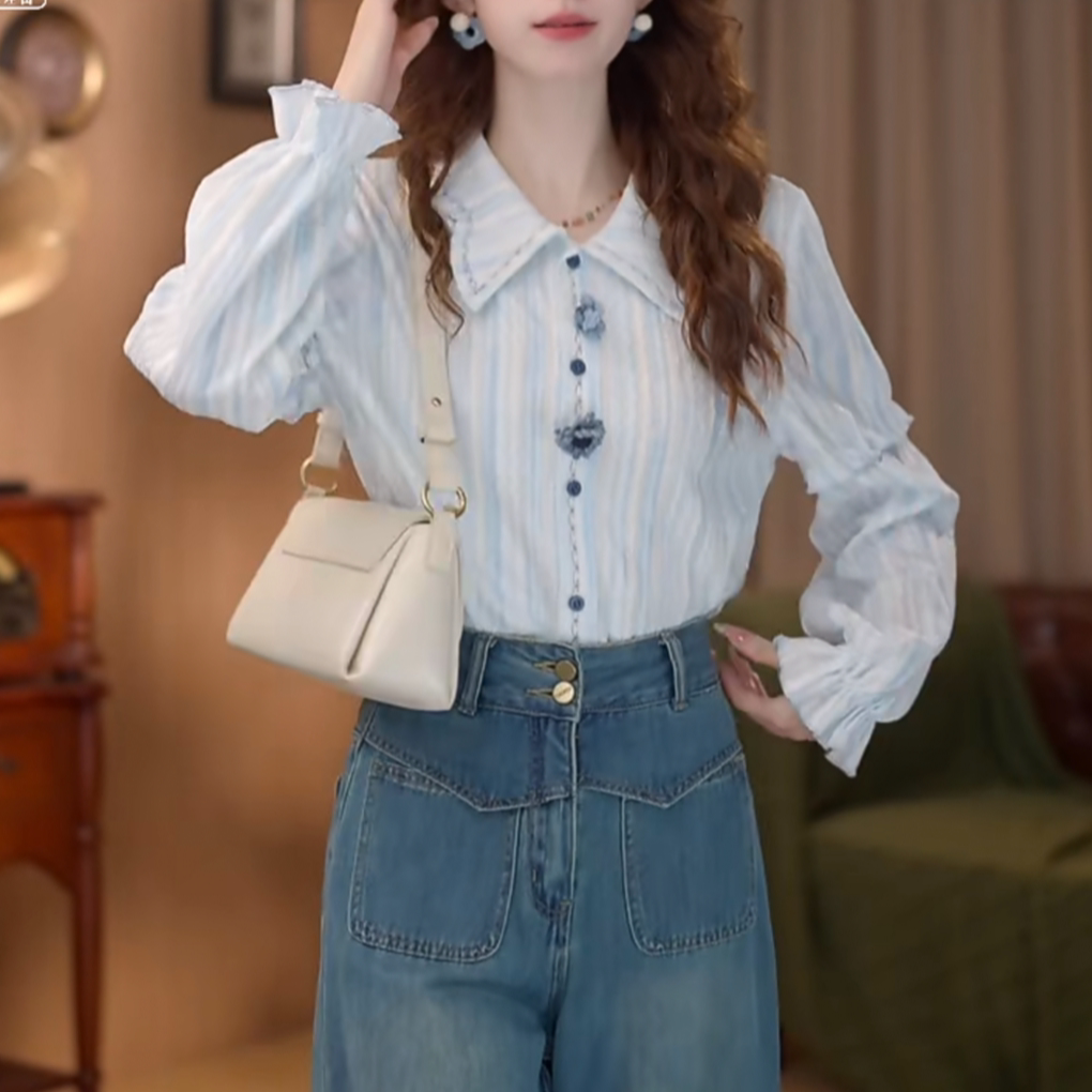 秋季新品温柔衬衣休闲百搭衬衫女上衣镂空衬衣早秋荷叶边袖衬衫
