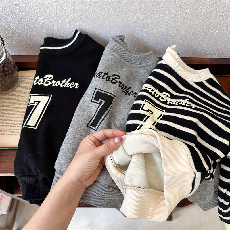 男女童宝宝加绒加厚条纹套头衫