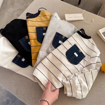 儿童长袖T恤春装男女童韩版新款上衣小童口袋衣服宝宝潮牌打底衫