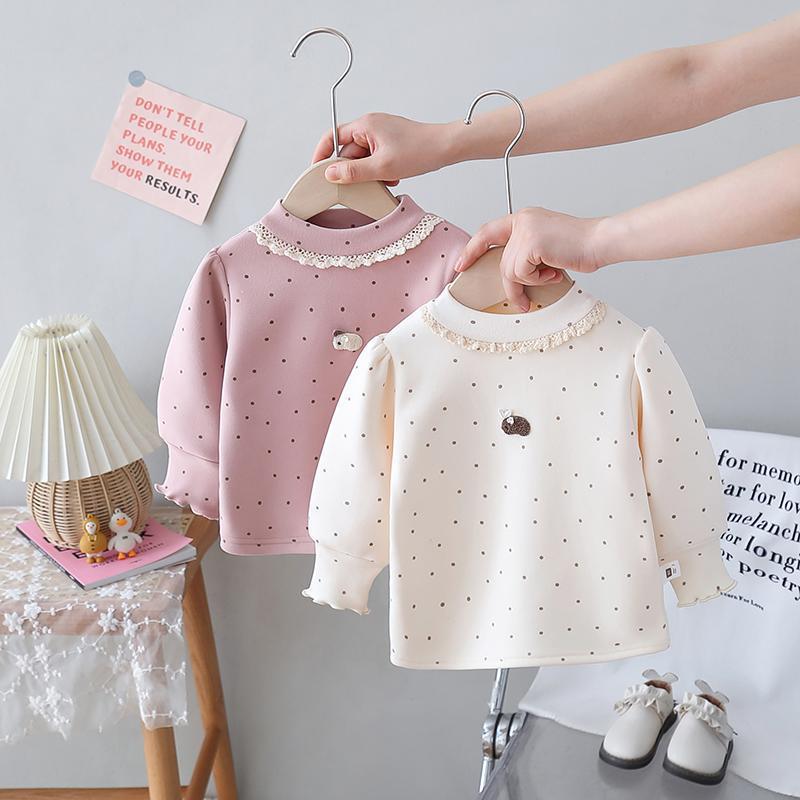 儿童冬装女童加绒加厚打底衫半高领婴儿内搭女宝宝蕾丝长袖上衣潮