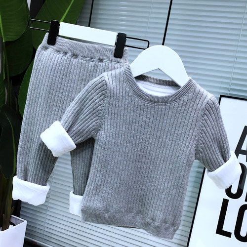 婴儿保暖套装加绒加厚居家服毛衣