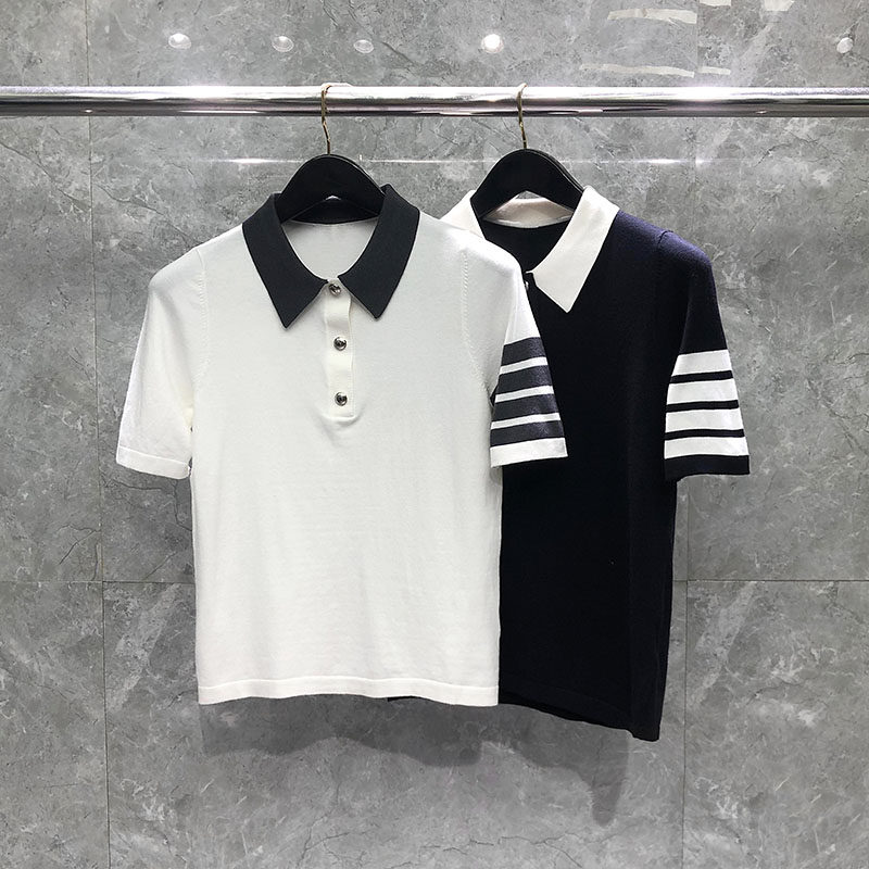 tb冰丝打底衫新款风筝刺绣针织短袖女条纹翻领上衣polo衫显瘦夏季