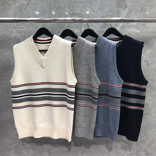TB马甲色织男女同款男士修身V领四条杠鸟眼针织衫毛衣背心秋冬款