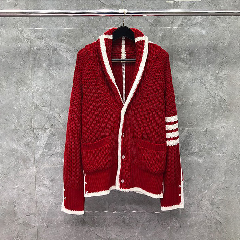 TB男女厚款白边外穿红色针织衫