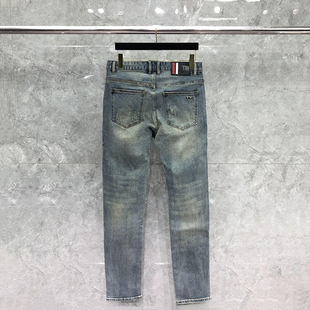 TB牛仔裤男高端夏季薄款红白蓝小狗标修身水洗小脚休闲牛仔长裤潮