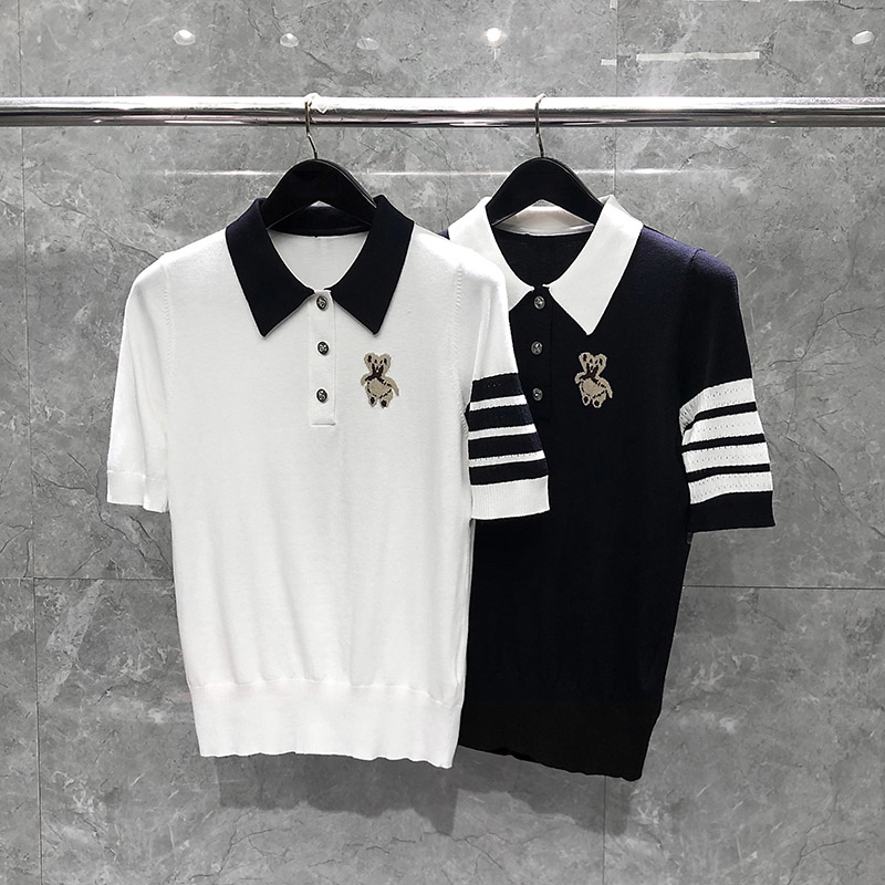 女士-针织翻领小熊短T