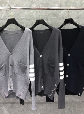 tb毛衣慵懒风秋冬季韩版宽松V领开衫百搭灰色男女情侣针织衫外穿