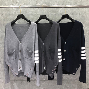 百搭灰色男女情侣针织衫 宽松V领开衫 外穿 韩版 tb毛衣慵懒风秋冬季