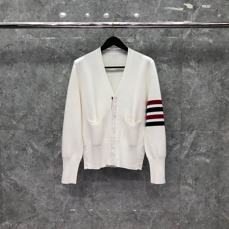 tb白色针织开衫v领外穿男女情侣潮流韩版百搭ins秋冬毛衣外套潮牌
