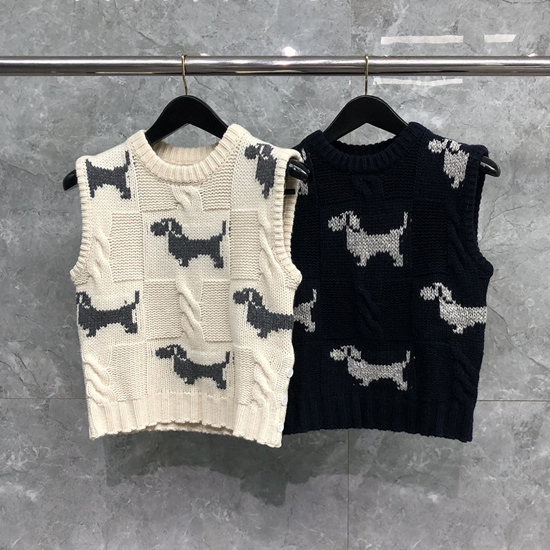 tb背心毛衣秋冬新款圆领小狗针织马甲短款无袖修身男女学院风上衣