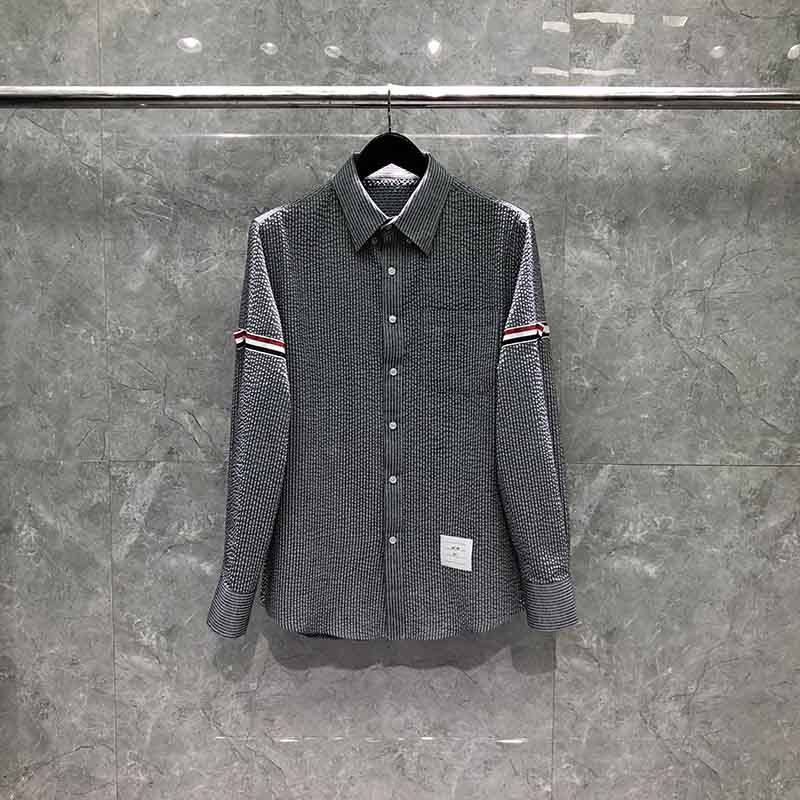 长袖-双袖织带泡泡条纹衬衫