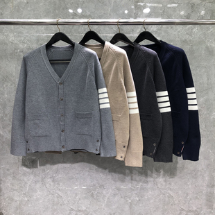 TB落肩针织开衫V领修身毛衣厚款色织四条杠外套男女情侣装同款潮