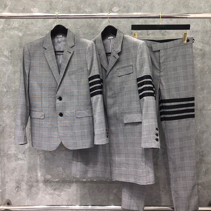 tb格子西服套装男士三件套韩版修身小西装职业修身正装英伦风潮流