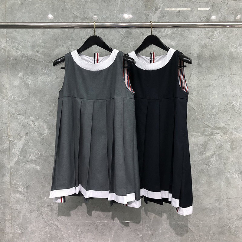 TB学院风百褶背心裙女高腰显瘦无袖西装裙织带连衣裙娃娃裙子夏季