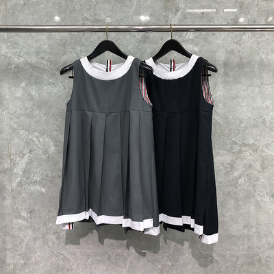 TB学院风百褶背心裙女无袖连衣裙