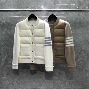 TB冬季羽绒服前后拼接毛衣羊绒针织袖子色织四条杠圆领休闲外套女