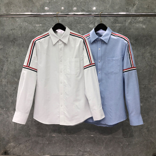 男新款 标织带牛津纺白色条纹长袖 韩版 双袖 休闲衬衣女潮 修身 TB衬衫