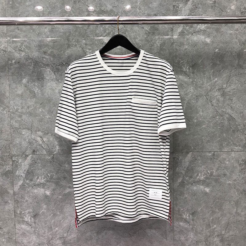 tb短袖t恤男士夏季黑白条纹前短后长潮流上衣纯棉男女款体恤衣服