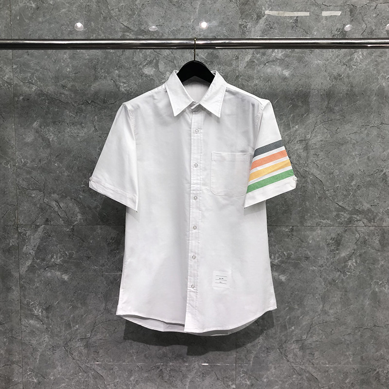 tb短袖衬衫夏季男女款韩版纯色宽松彩虹四条杠男士帅气半袖衬衣潮