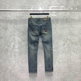 TB牛仔裤男秋冬修身水洗直筒口袋滑板小狗刺绣宽松弹力男裤长裤潮