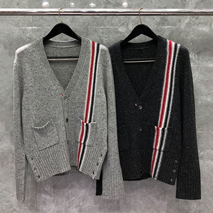 tb潮牌肩袖彩条毛衣男女情侣装经典款修身V领针织开衫外套秋冬季