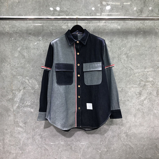TB牛仔服设计感左右拼色双袖 男女休闲牛仔夹克外套潮 织带牛仔衬衫